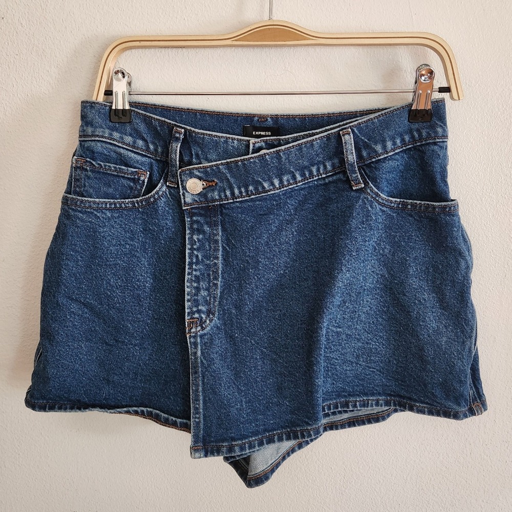 Express High Rise Stretch Denim Wrap Skort 8 Dark Wash Asymmetrical Crossover
